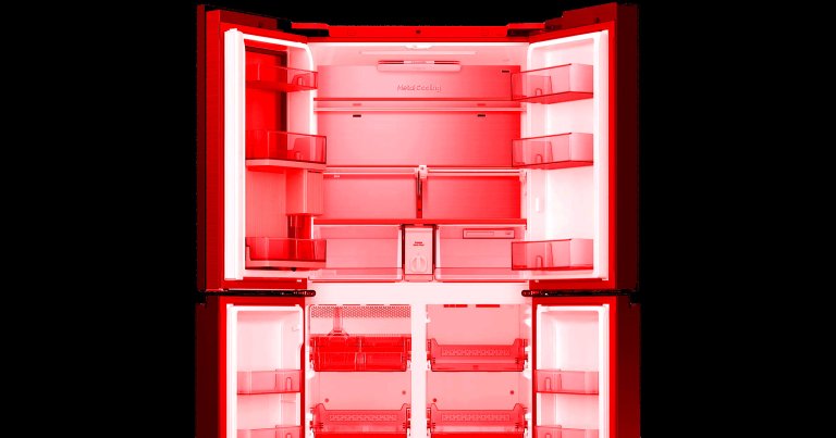 A color-treated photo of the interior of a Samsung fridge.