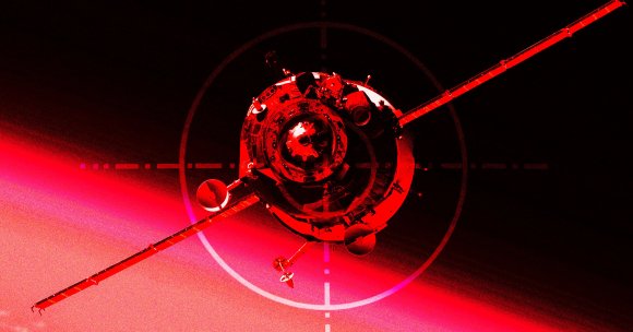 A photo illustration of a satellite with crosshairs.