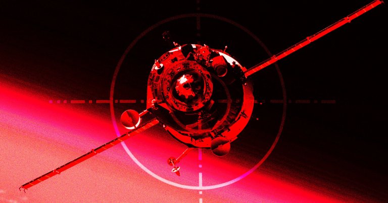 A photo illustration of a satellite with crosshairs.