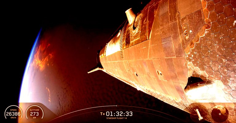 A screenshot of SpaceX's Starship 14 launch.