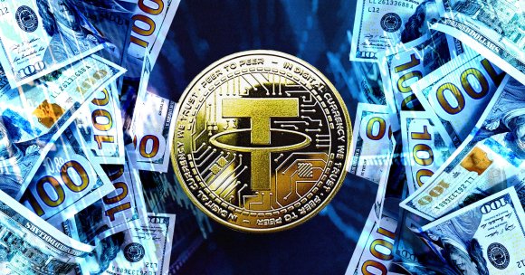 A photo illustration of the Tether logo.