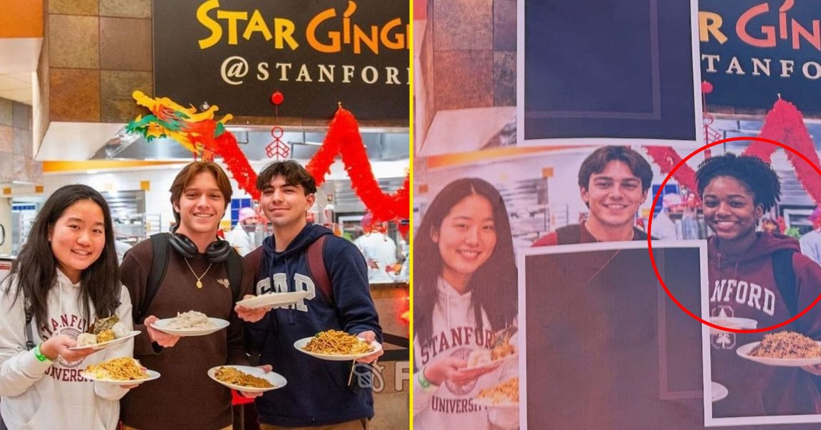 A graphic shows an image that Stanford edited to include a nonexistent Black student.