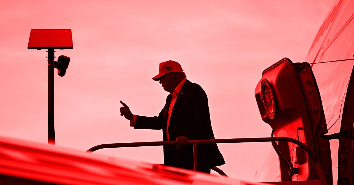 A photo illustration of president Donald Trump and a Flock camera pole.
