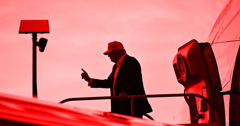A photo illustration of president Donald Trump and a Flock camera pole.