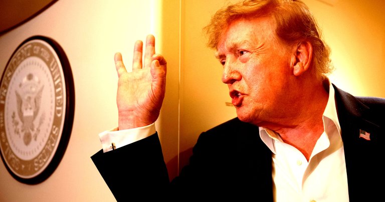 US President Donald Trump speaks to the press aboard Air Force One while flying to Joint Base Andrews, Maryland.
