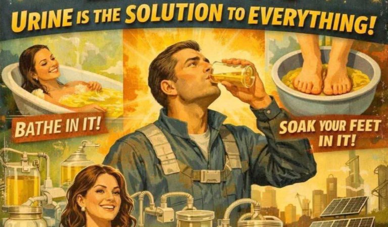 An AI-generated propaganda-style poster sings the praises of drinking urine.