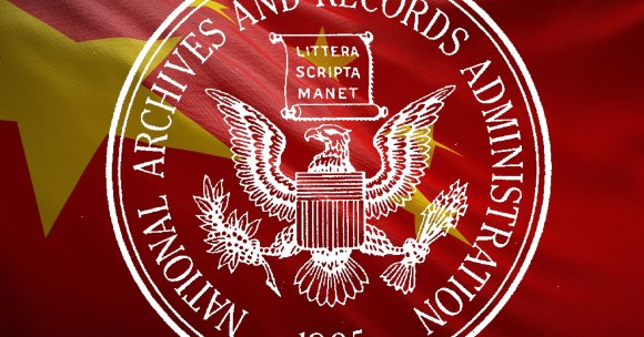 A photo illustration of the Federal Register and a Chinese flag.