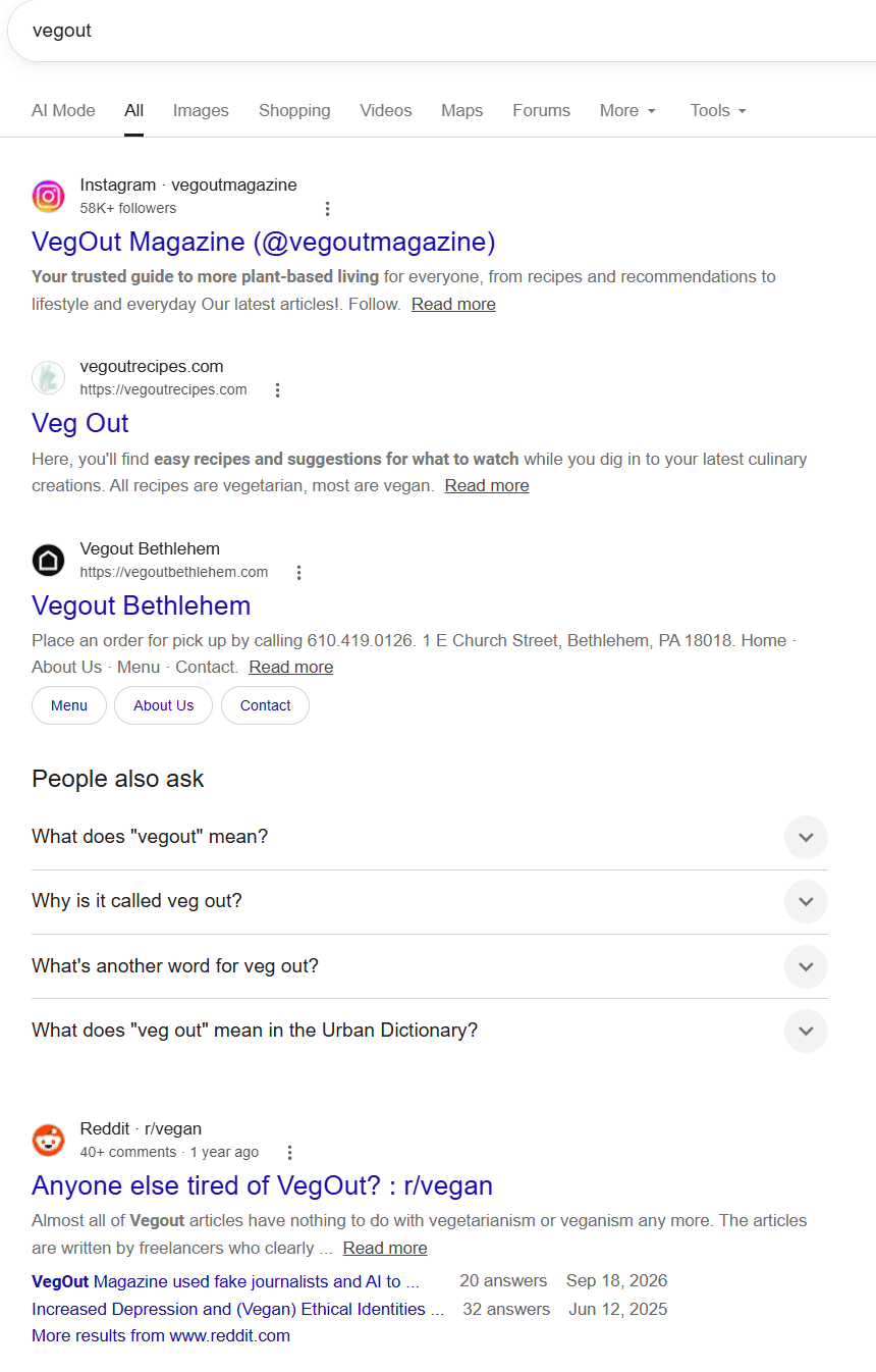 Google search results for "vegout" that don't show the actual VegOut site.