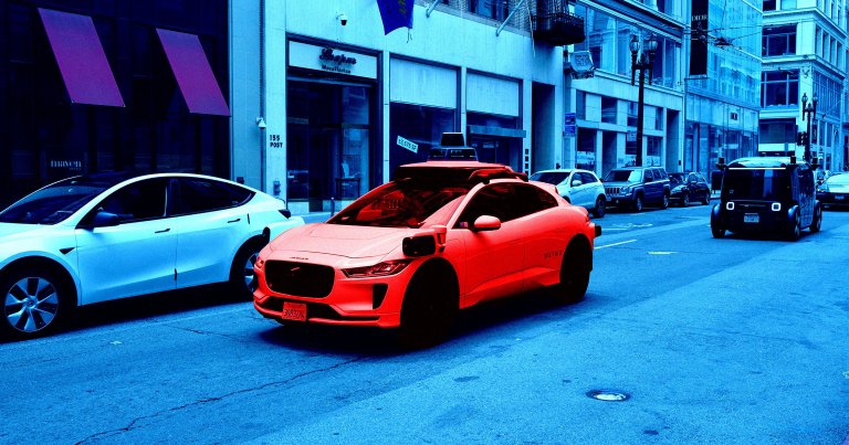 A color-treated photo of a Waymo.
