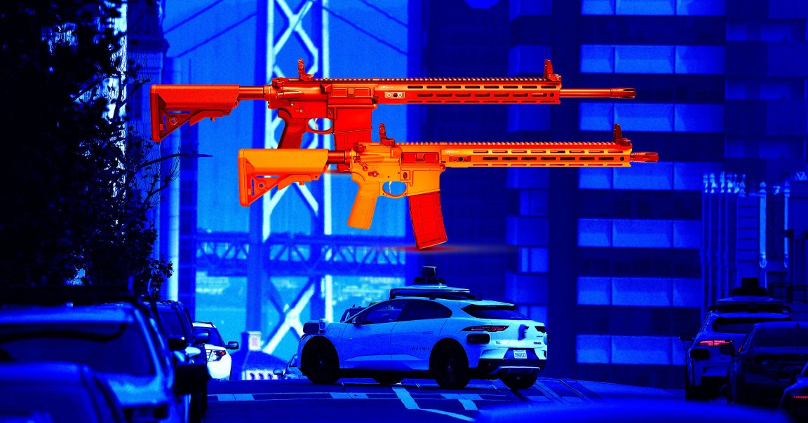 A photo illustration of a Waymo robotaxi and AR-style guns.