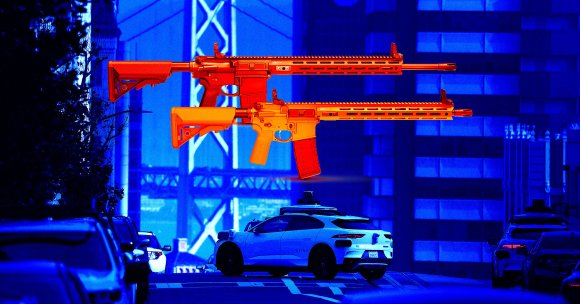 A photo illustration of a Waymo robotaxi and AR-style guns.
