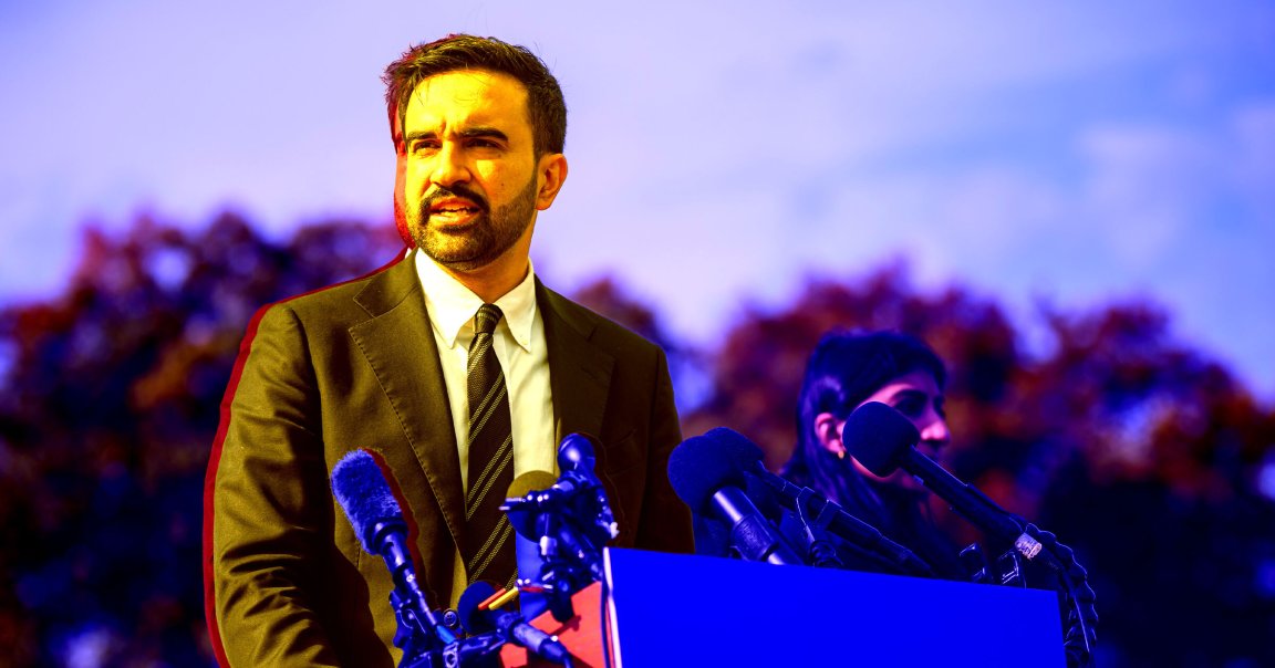 New York City mayor Zohran Mamdani is shown before a podium.