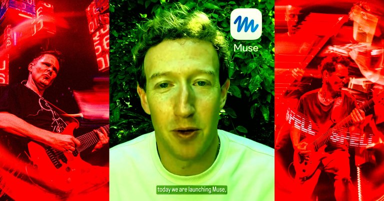 A triptych image with the center showing a man with curly hair and a light-colored shirt speaking in front of green foliage, with the Muse app logo and the text "today we are launching Muse," displayed. The left and right panels feature a man playing an electric guitar under intense red lighting, with motion blur effects emphasizing dynamic movement.