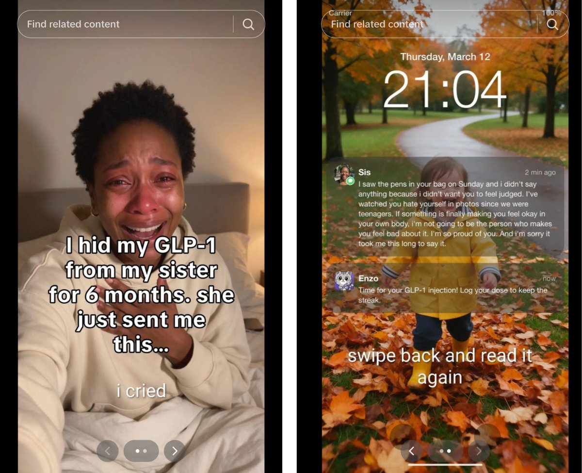 A screenshot from TikTok shows a woman in her bed weeping, with a text message from her sister about taking GLP-1s.
