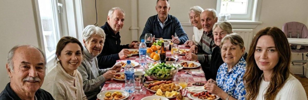 An AI-generated image of "Elena" sitting at a table with her "family."