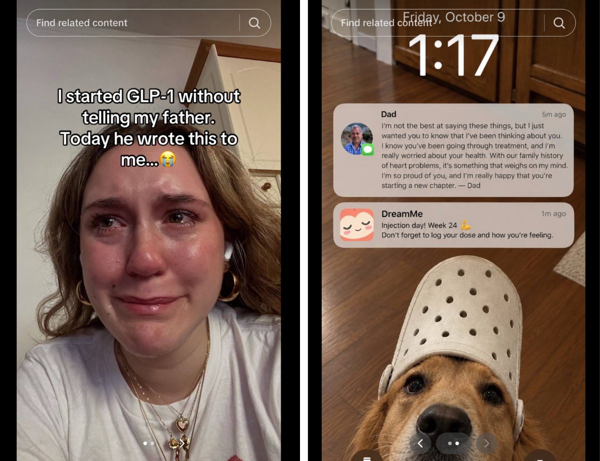 A screenshot from TikTok shows a woman sobbing about GLP-1s with a text from her dad saying he's happy for her.