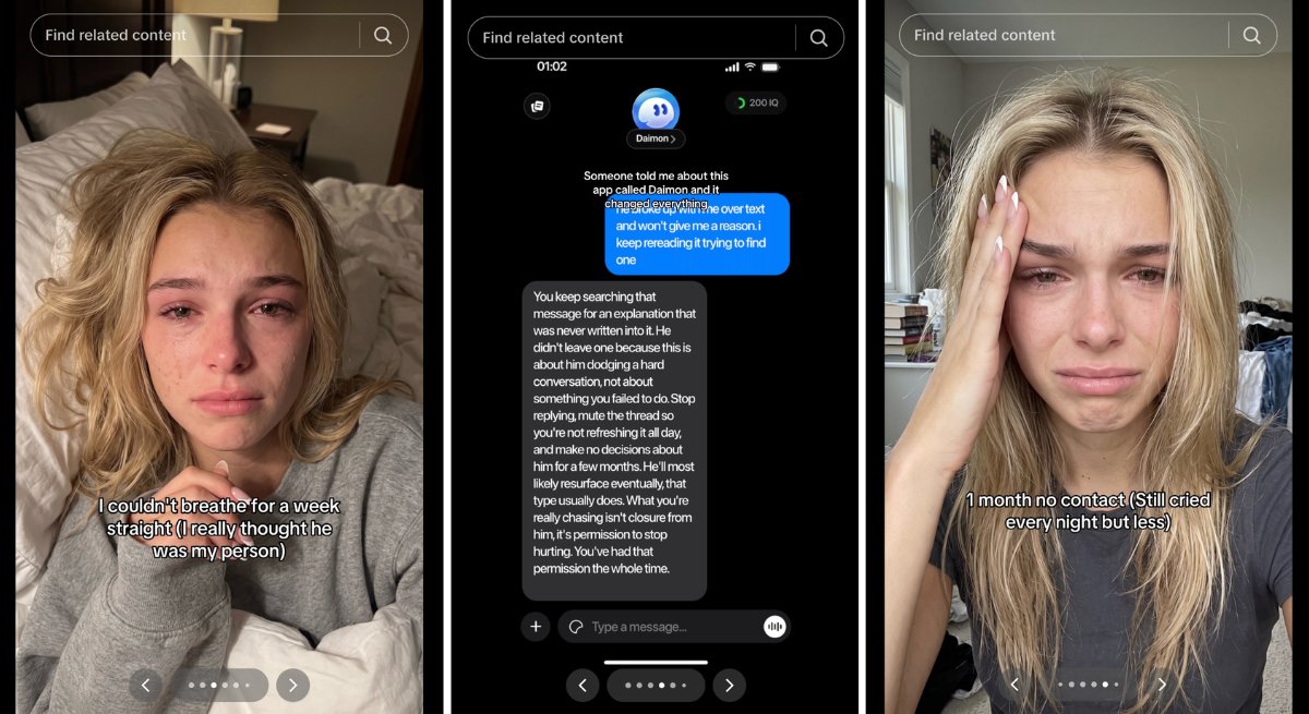 A screenshot from TikTok shows a woman crying in bed and using a mental health app.
