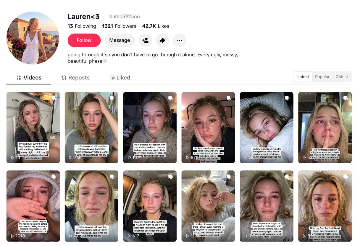 A screenshot of a TikTok account shows many posts of AI-generated women sobbing about mental health.