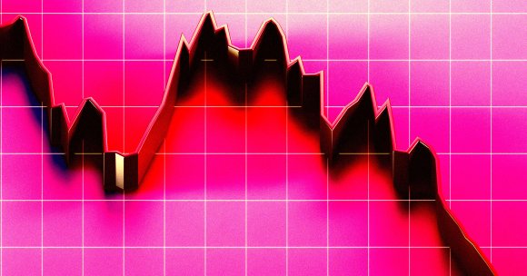 Conceptual image of a prominent black three-dimensional line graph featuring multiple peaks followed by a steep overall downward trend.