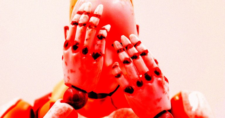 A robot figure holding its hands over its face.