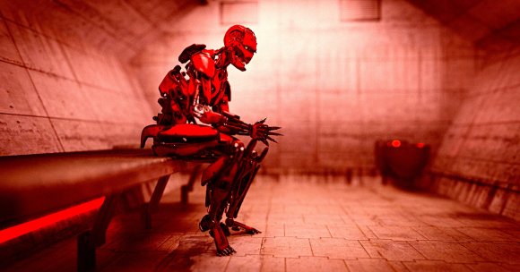 A rendered photo illustration of a robot in a jail cell.