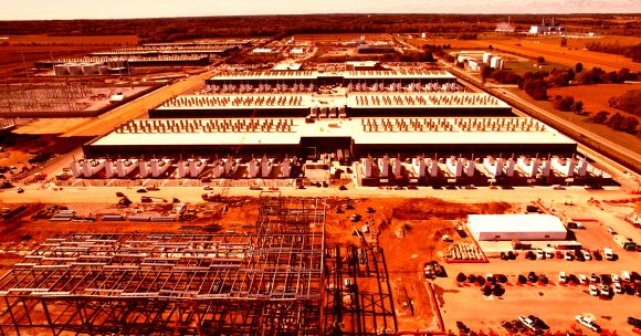 Aerial view of an Amazon data center.