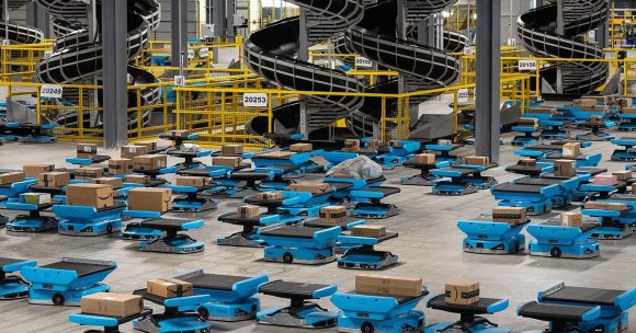 A view of robots at an Amazon fulfillment center.