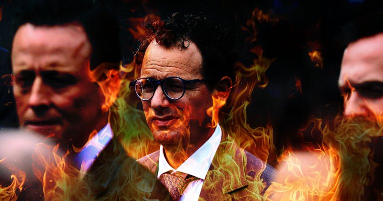 An illustration shows Anthropic CEO Dario Amodei surrounded by flames.