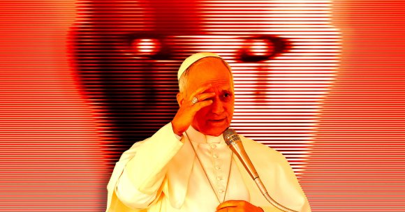 A photo illustration of Pope Leo in front of a robot face.