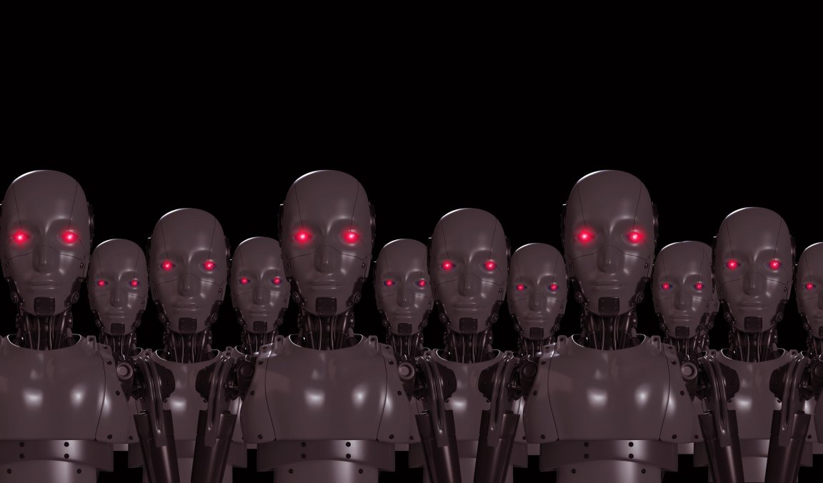 A digital illustration shows a group of robots with ominous red eyes.