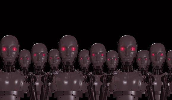 A digital illustration shows a group of robots with ominous red eyes.