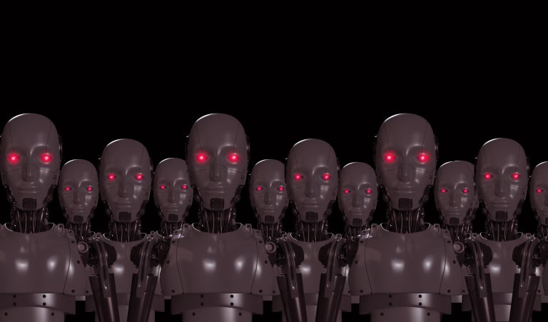 A digital illustration shows a group of robots with ominous red eyes.