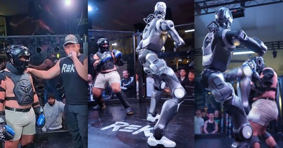 Screenshots of a humanoid robot fighting a human.