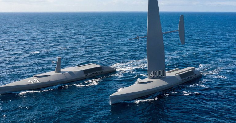 A picture of two naval drones built by Saildrone.