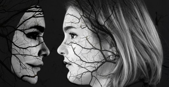 An illustration showing a woman beholding her reflection, with branch-like tendrils moving across both faces.