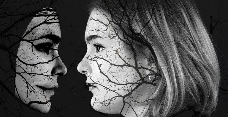 An illustration showing a woman beholding her reflection, with branch-like tendrils moving across both faces.