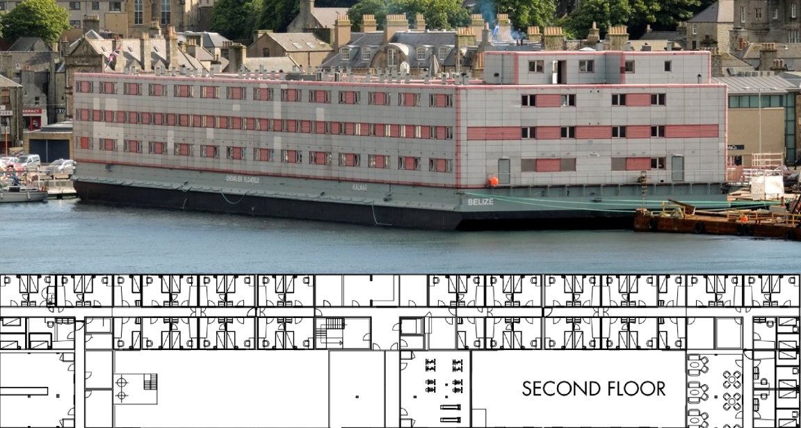 A photo shows The Kalmar, a former floating prison barge Nscale has rented to house workers building a data center, along with a schematic of its flooring.