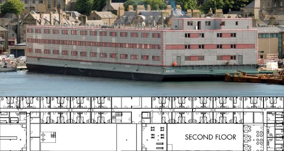 A photo shows The Kalmar, a former floating prison barge Nscale has rented to house workers building a data center, along with a schematic of its flooring.