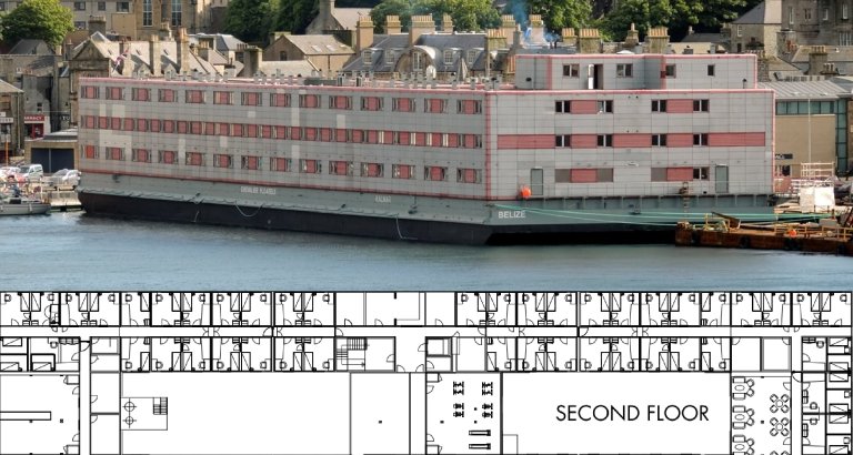 A photo shows The Kalmar, a former floating prison barge Nscale has rented to house workers building a data center, along with a schematic of its flooring.