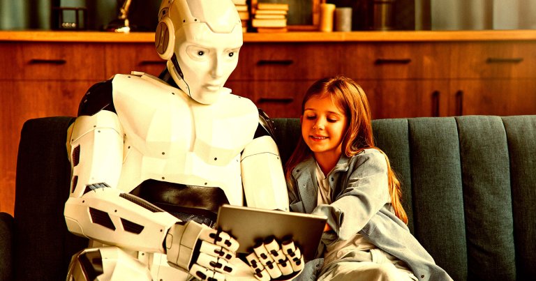 A humanoid robot reading a child a story.