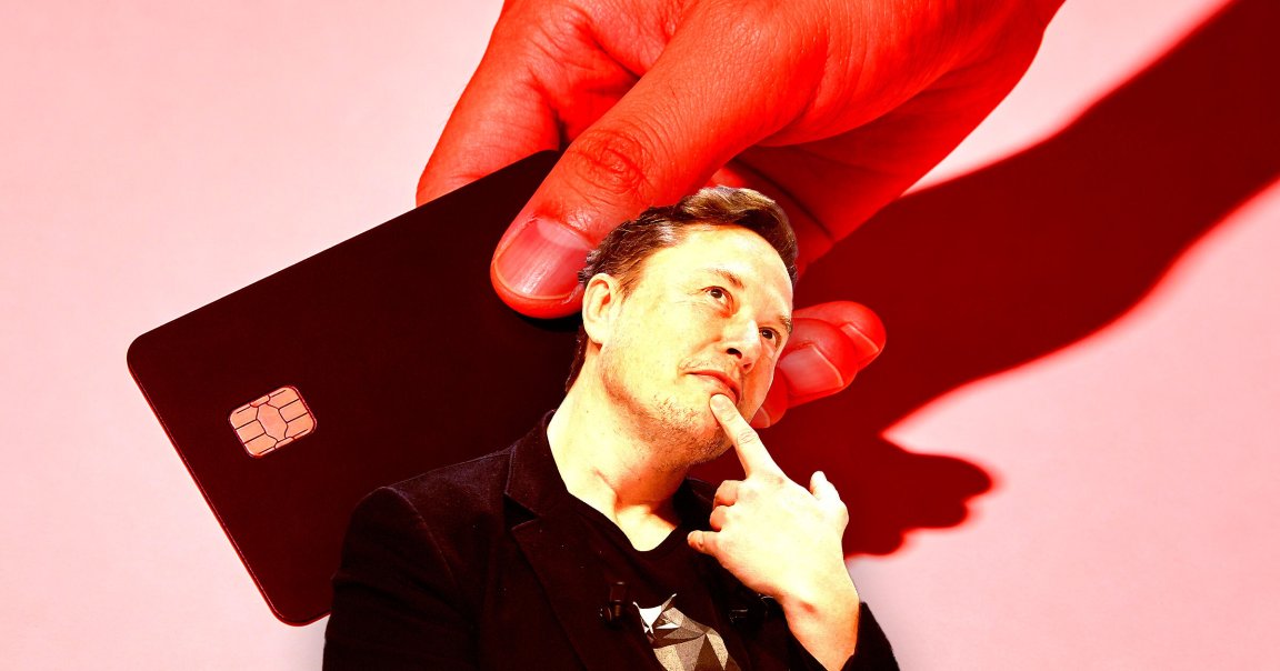 A photo illustration of Elon Musk over a hand holding a credit card.