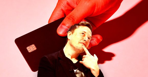 A photo illustration of Elon Musk over a hand holding a credit card.
