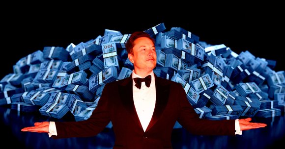 A photo illustration of Elon Musk in front of a stack of money.