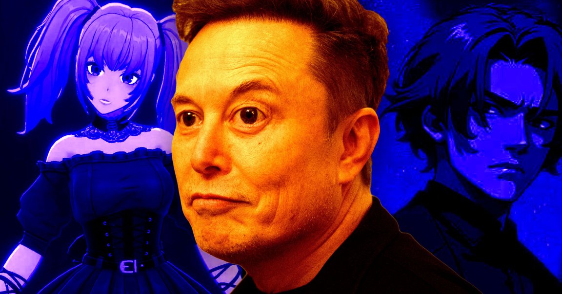 A photo illustration of Elon Musk and two Grok anime personas.