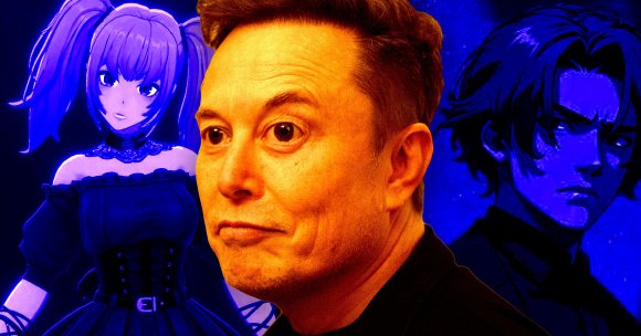 A photo illustration of Elon Musk and two Grok anime personas.