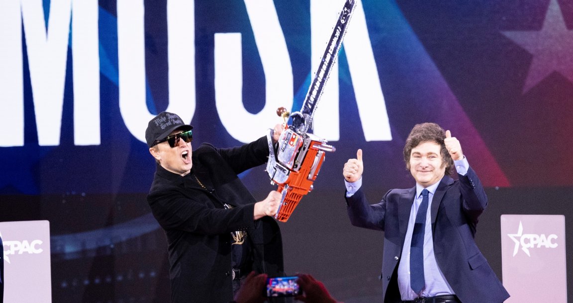 A photo shows Elon Musk wielding a chainsaw onstage at CPAC.