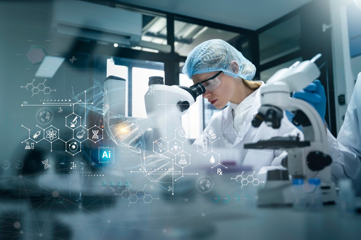 A facetious illustration shows a scientist looking into a microscope while AI graphics appear in the foreground.