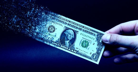 A photo illustration of a disintegrating dollar bill.