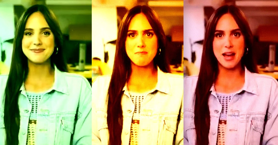 Screenshots of an AI avatar interviewing an influencer speaking gibberish.