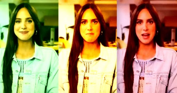 Screenshots of an AI avatar interviewing an influencer speaking gibberish.